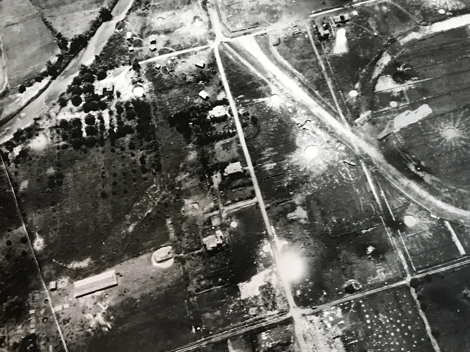 Vertical Aerial Reconnaissance Photograph of Road Junction with Possible Aircraft Dispersal Area, Pacific Theater, WWII