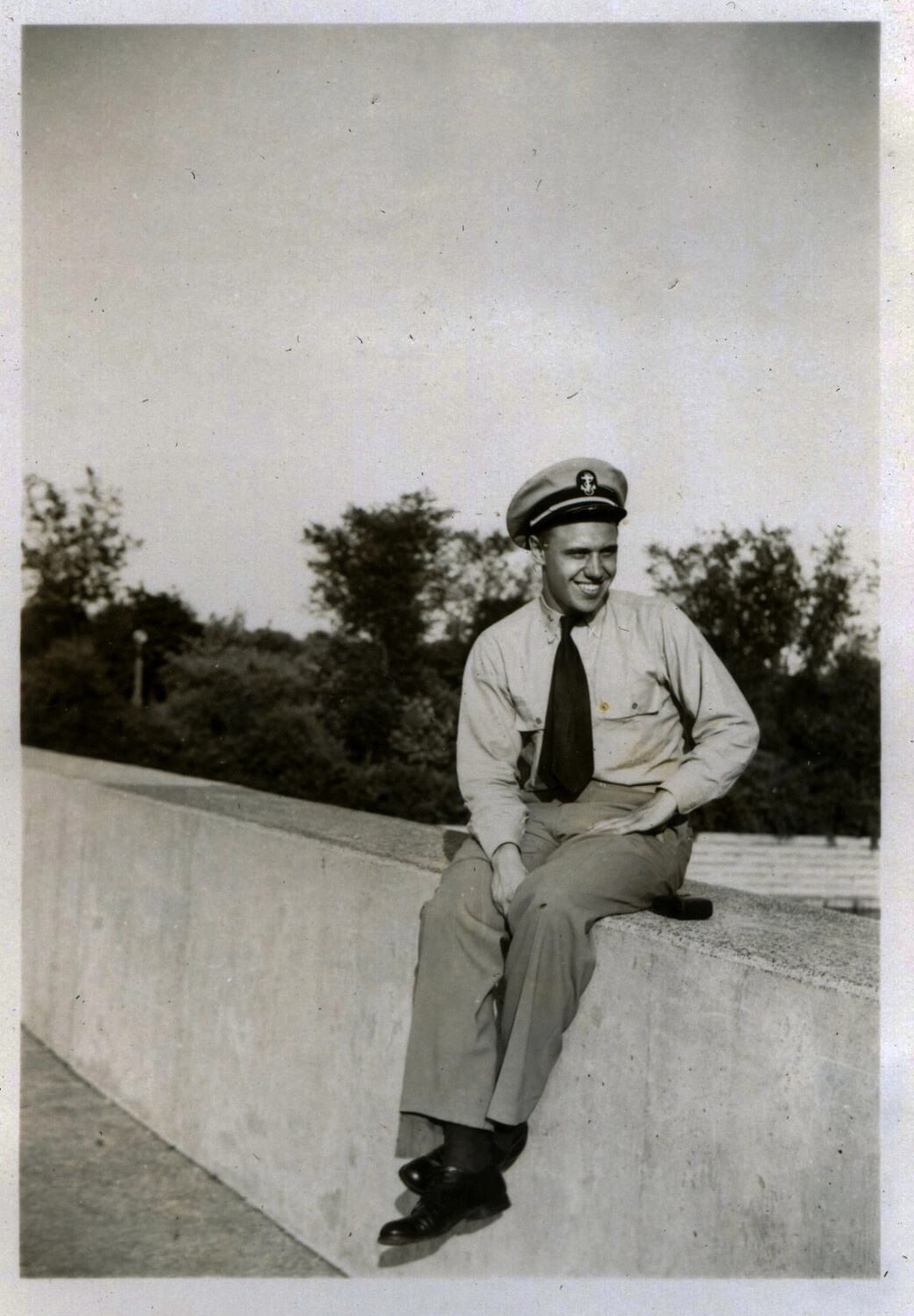 U.S. Navy Officer Seated on Wall, Portrait Photograph, Korean War Era