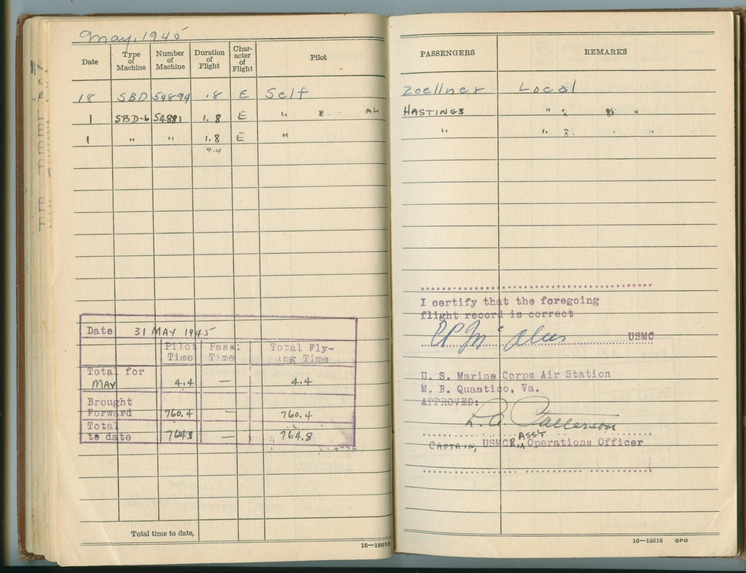 Personal Flight Log Book of a U.S. Marine Corps Aviator, May 1945, MCAS Quantico, Virginia