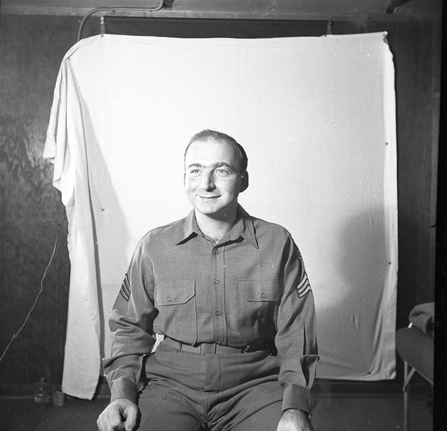 Portrait of U.S. Army Sergeant in Service Shirt, Improvised Studio Backdrop