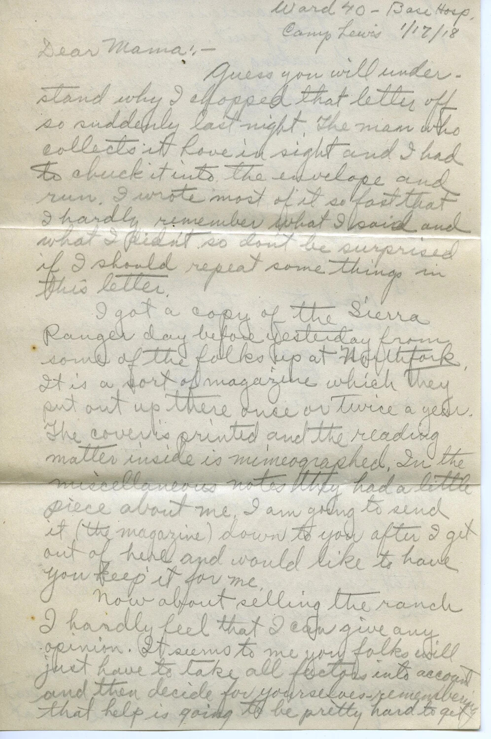 WWI Letter from Pvt. Willis W. Wagener to His Mother, Camp Lewis Base Hospital, January 17, 1918