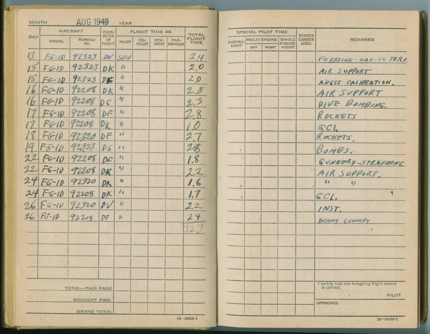 Pilot Flight Logbook, August 1949 — FG-1D Corsair Training Sorties, McAleer Collection