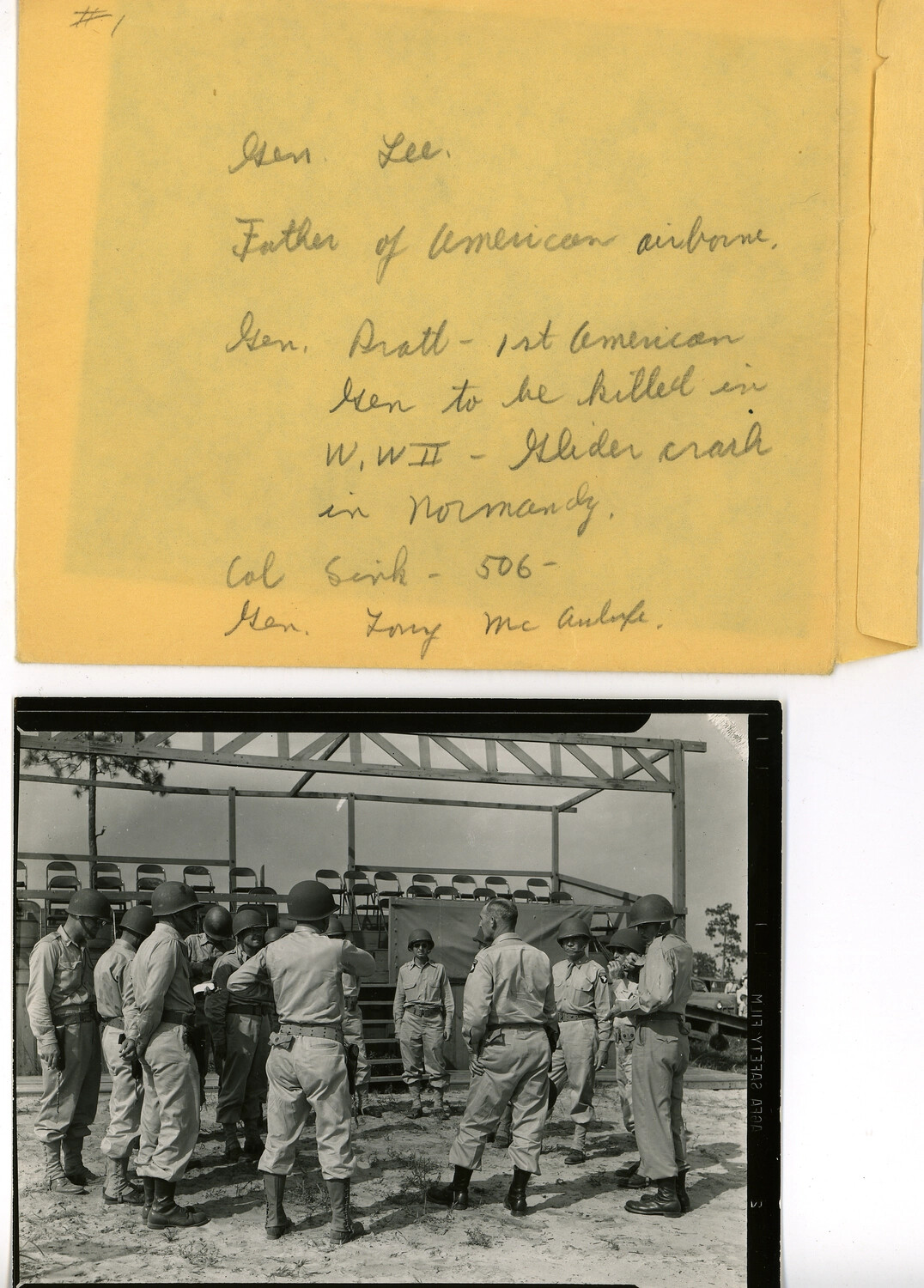Identification Note and Group Photograph: Generals Lee, Pratt, McAuliffe and Colonel Sink, 101st Airborne Division, Stateside Training