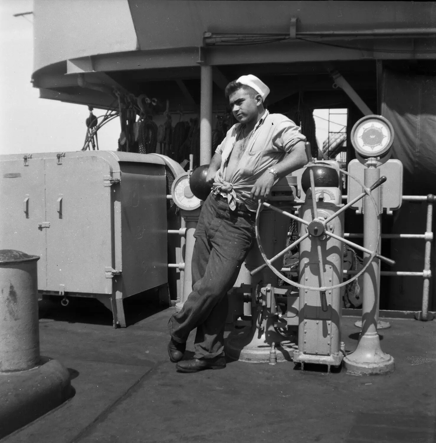 U.S. Navy Sailor at Aft Steering Station, Sasebo, Japan Negatives Collection