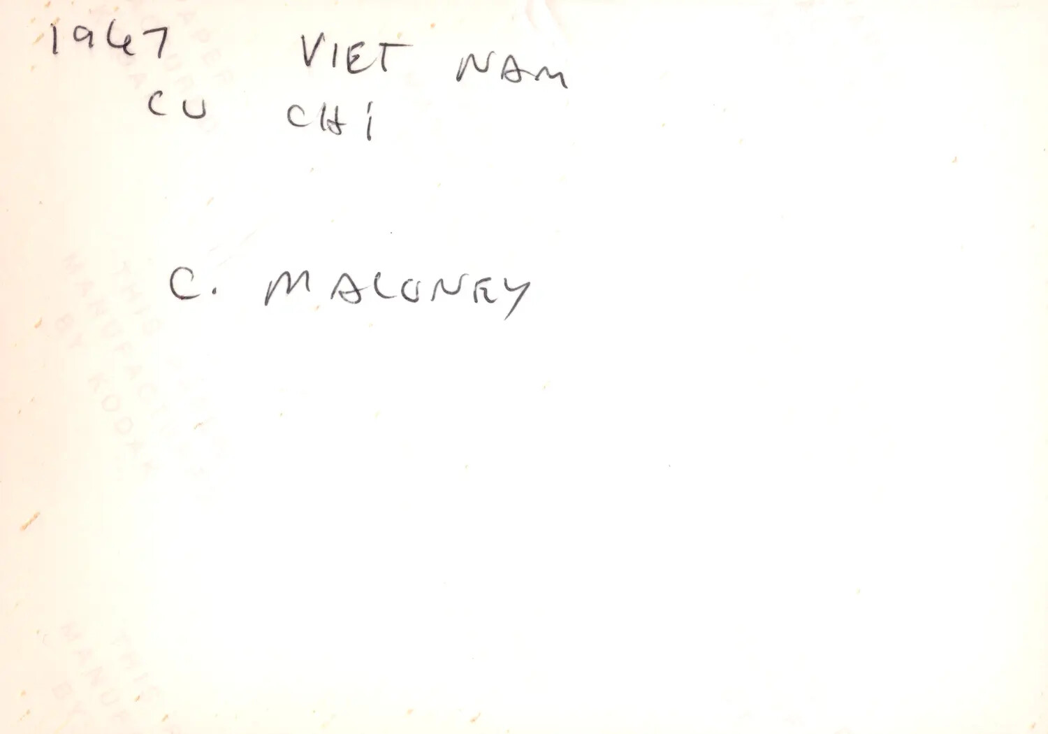 Verso (Reverse Side) of Photograph with Handwritten Caption: '1967 Viet Nam, Cu Chi -- C. Maloney'