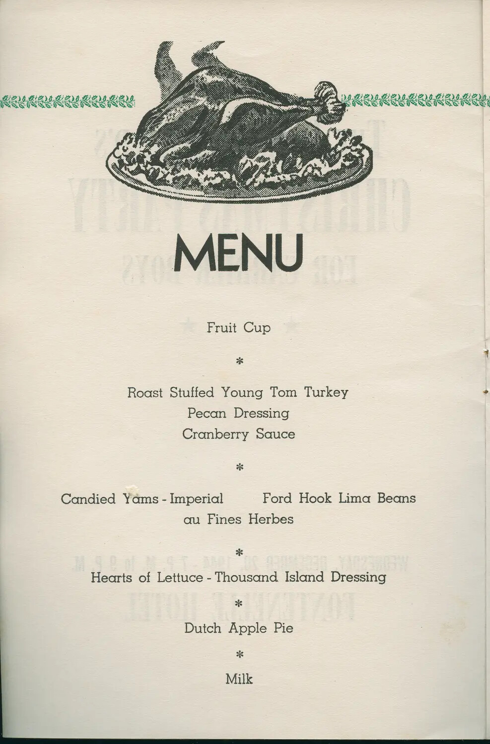 1944 Christmas Dinner Menu Card, Servicemen's Holiday Party (Margaroli Collection, B-24 Belly Gunner)