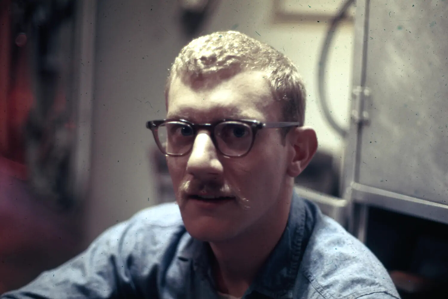 Portrait of a U.S. Navy Sailor in Dungaree Shirt Aboard USS Ticonderoga, Vietnam War Era