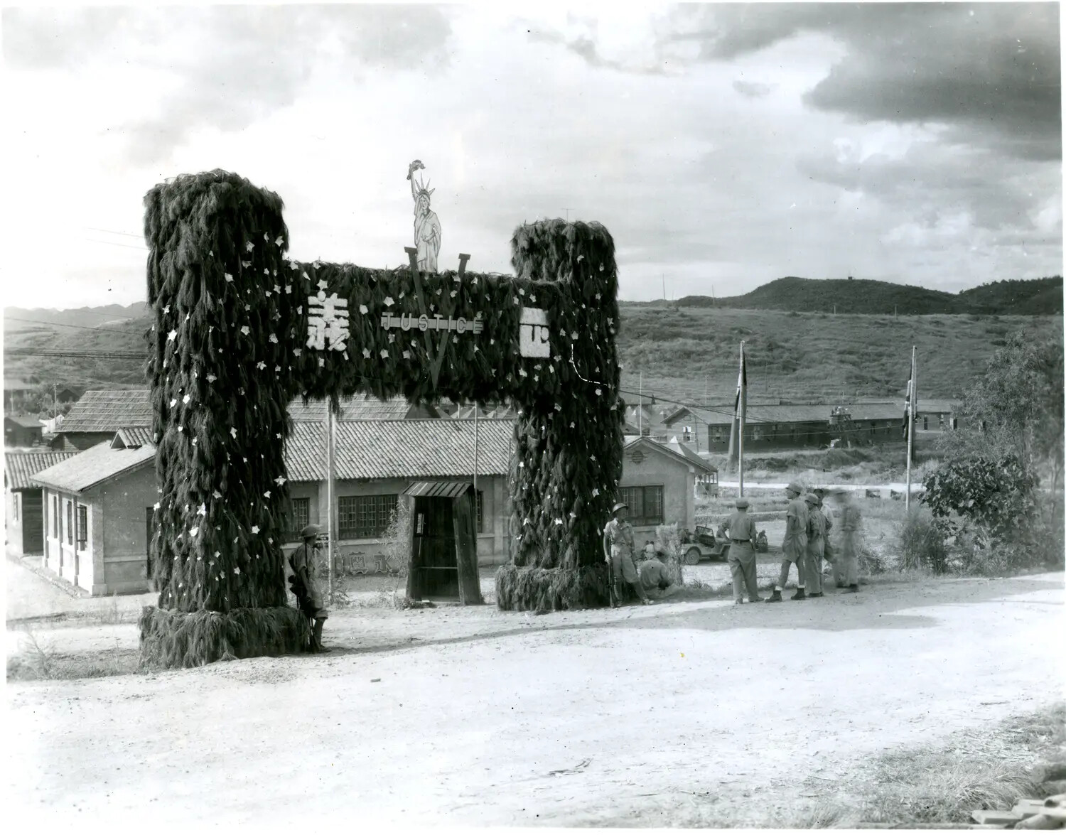 Decorated Victory Arch with Statue of Liberty Motif, China-Burma-India Theater, WWII