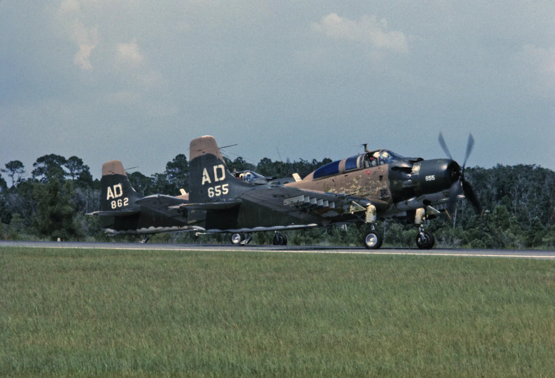 Two Douglas A-1 Skyraiders (AD 655 and AD 862) on Runway, August 1969