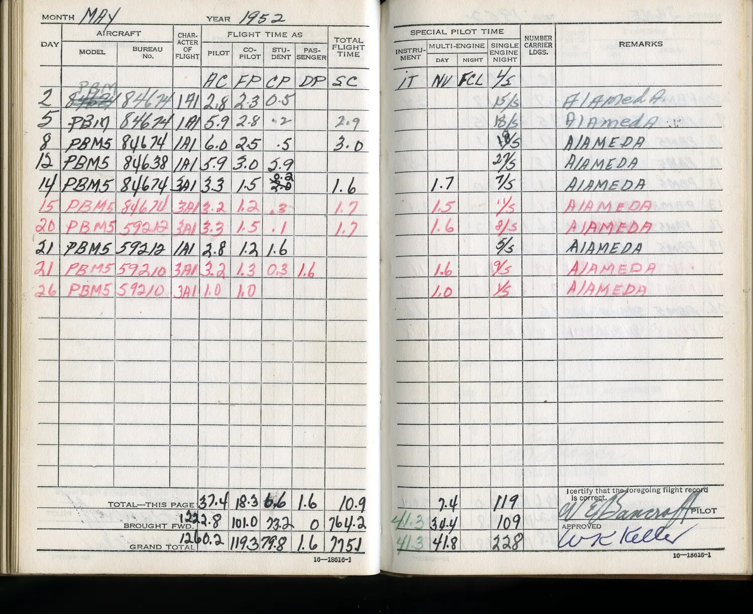 Lt. W. E. Bancroft's Flight Logbook, May 1952 — PBM-5 Mariner Flights from NAS Alameda