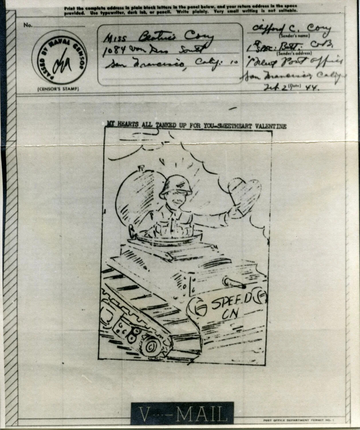 V-Mail Valentine Cartoon: 'My Heart's All Tanked Up for You, Sweetheart Valentine,' 2 February 1944