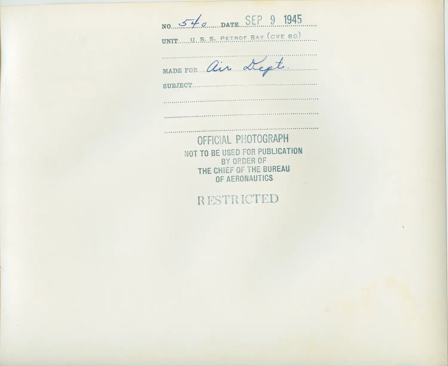 U.S. Navy Official Photograph Caption Card - USS Petrof Bay (CVE-80), September 9, 1945