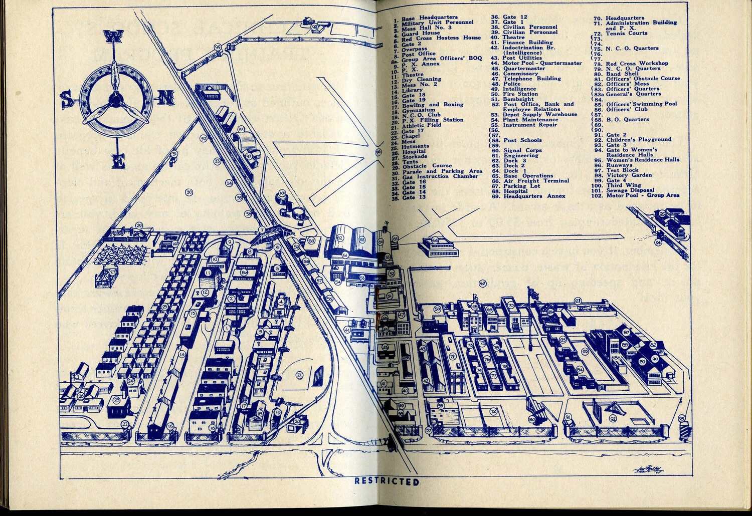 Illustrated Base Map, McClellan Field Personal Guide Booklet, WWII Era