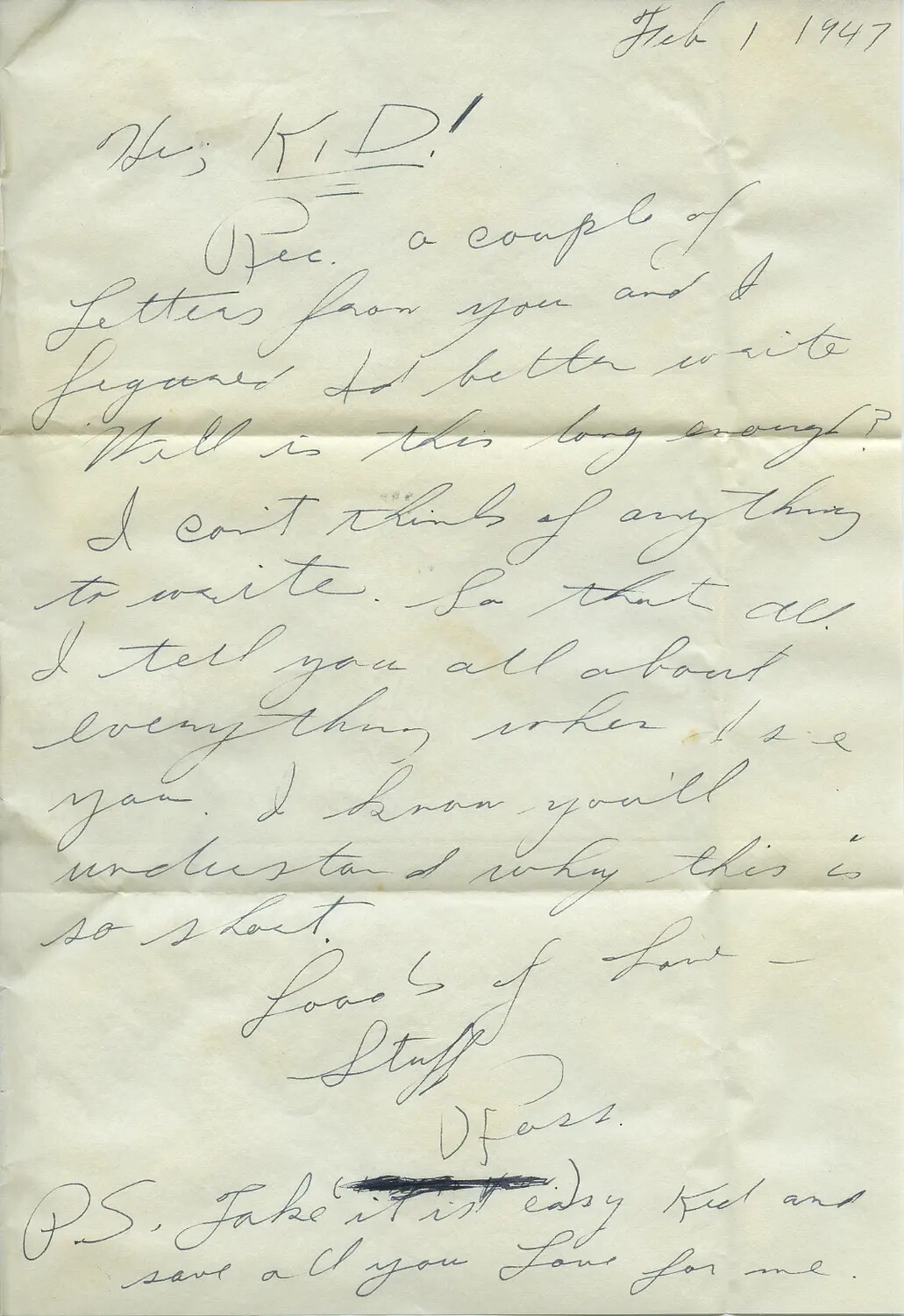 Handwritten Letter Dated February 1, 1947, 'Hi Kid!' — Moon Sammiet Letters Collection