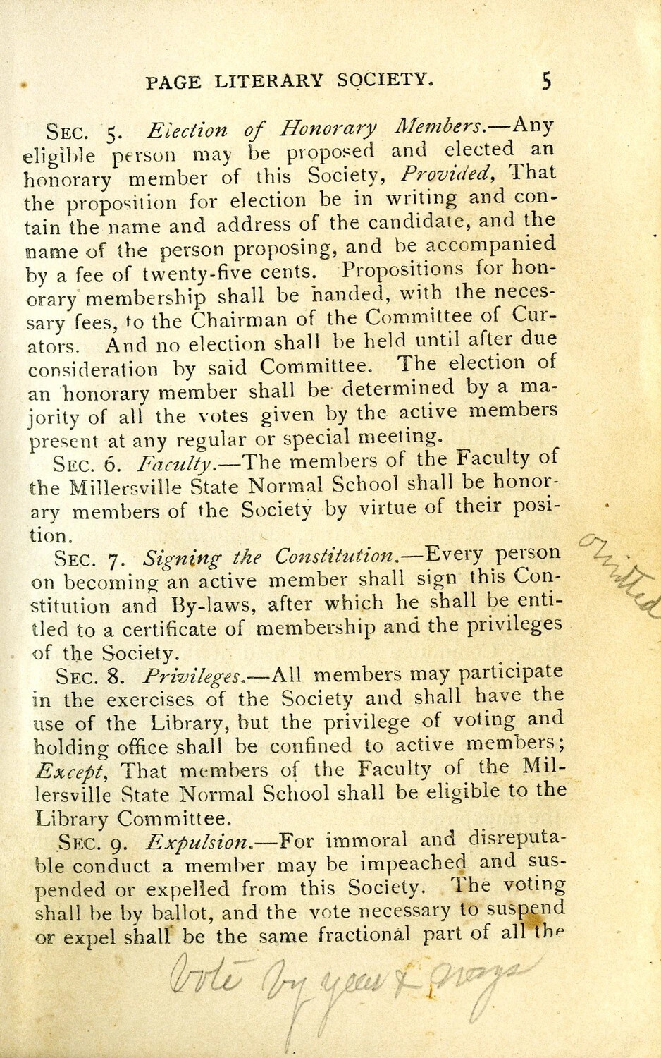 Page 5 of the Page Literary Society Constitution and By-Laws, Millersville State Normal School