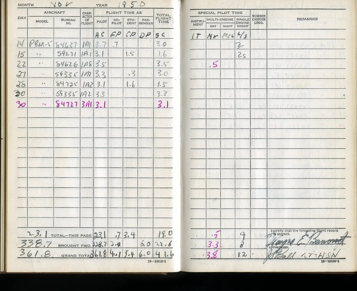 Naval Aviator Flight Logbook Page, Lt. Wayne E. Bancroft, PBM-5 Mariner Squadron, November 1950