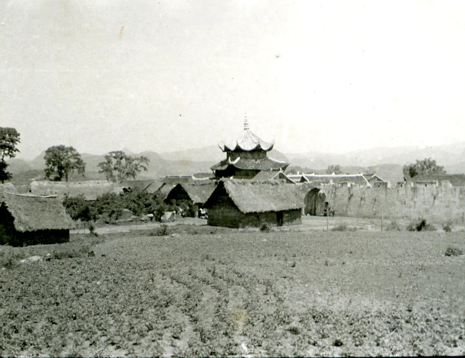 Walled Chinese Village with Pagoda Tower, WWII China-Burma-India Theater Archive