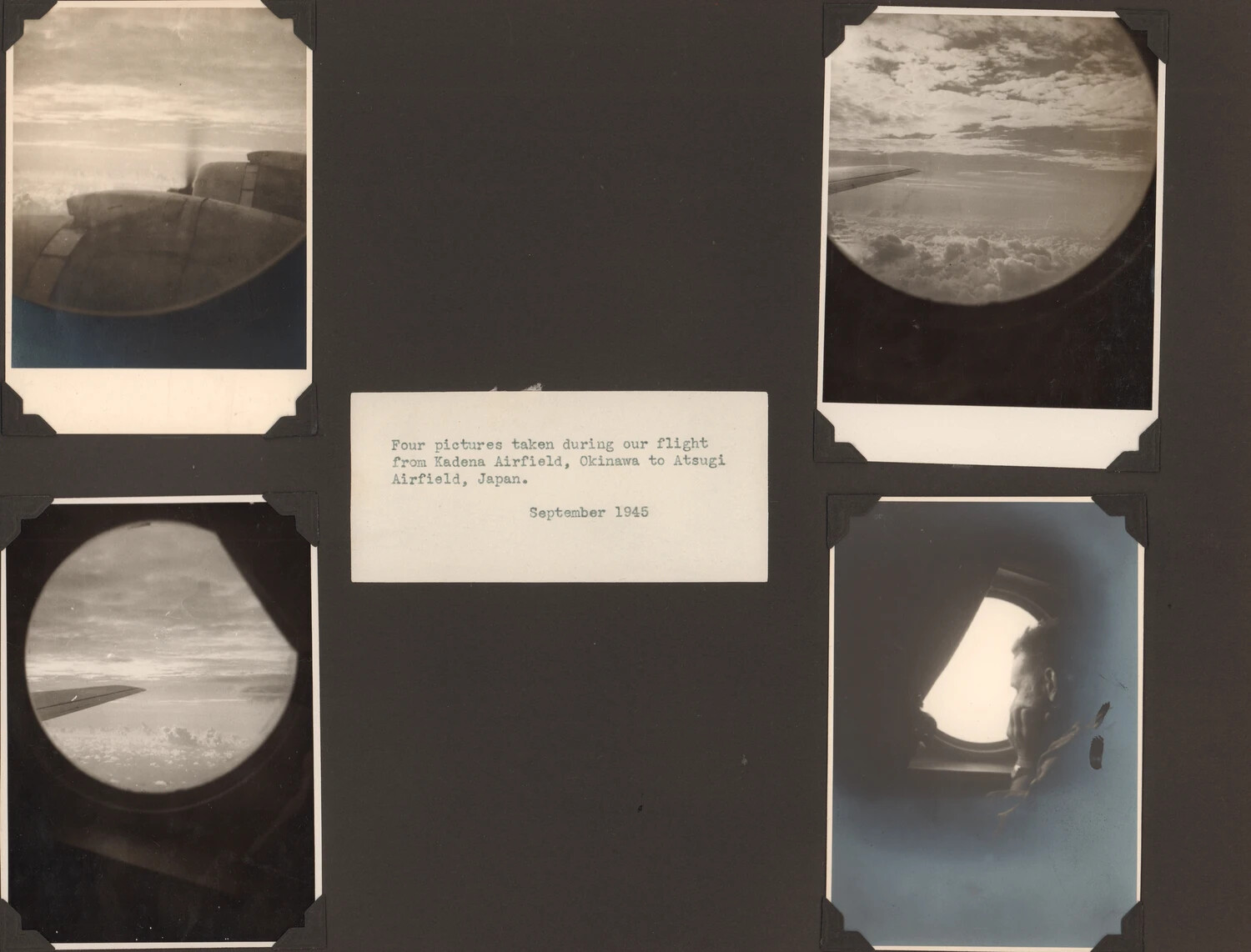 Album Page: 'Four Pictures Taken During Our Flight from Kadena Airfield, Okinawa to Atsugi Airfield, Japan,' September 1945