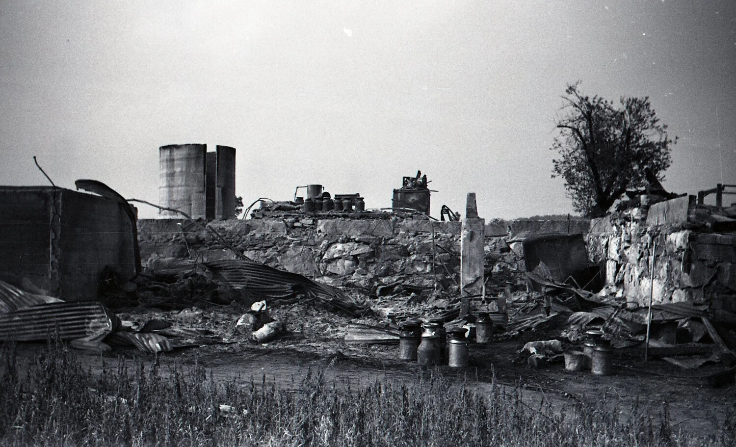 Twin Silos Overlooking Dairy Farm Fire Debris Field