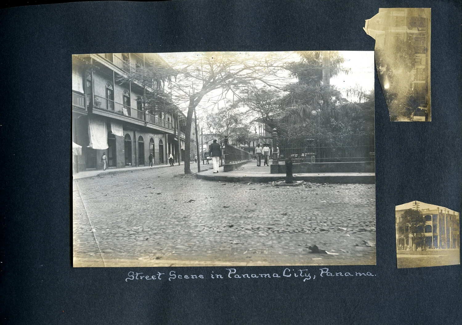 Album Page: 'Street Scene in Panama City, Panama' with Two Additional Fragmentary Street-View Photographs