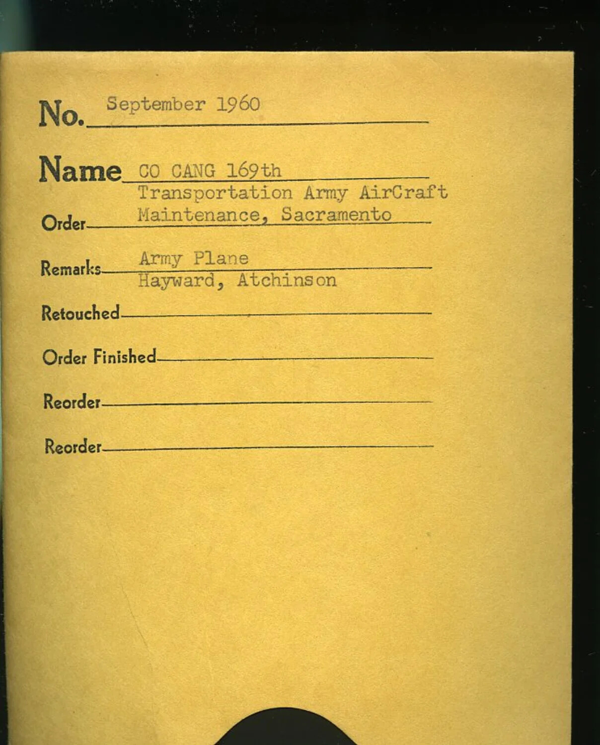 Photo Lab Order Envelope – CO CANG 169th Transportation, Army Aircraft Maintenance, Sacramento, September 1960