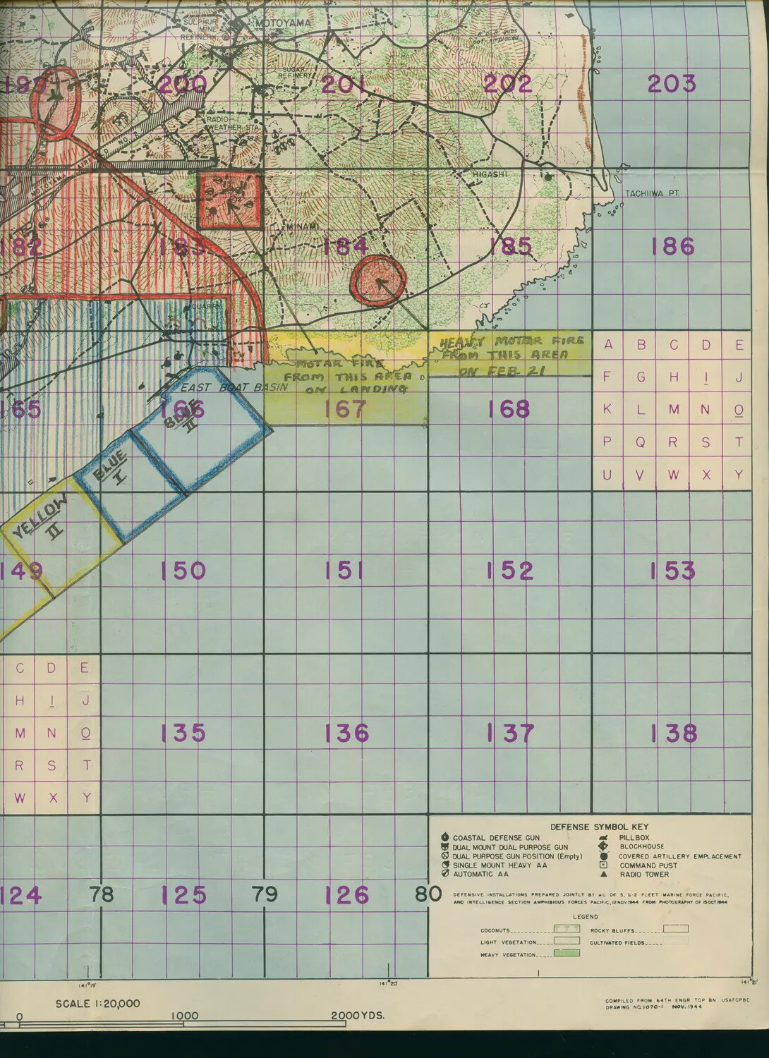Iwo Jima Invasion Grid Map with Japanese Defense Positions and Landing Beaches, USS Petrof Bay Collection