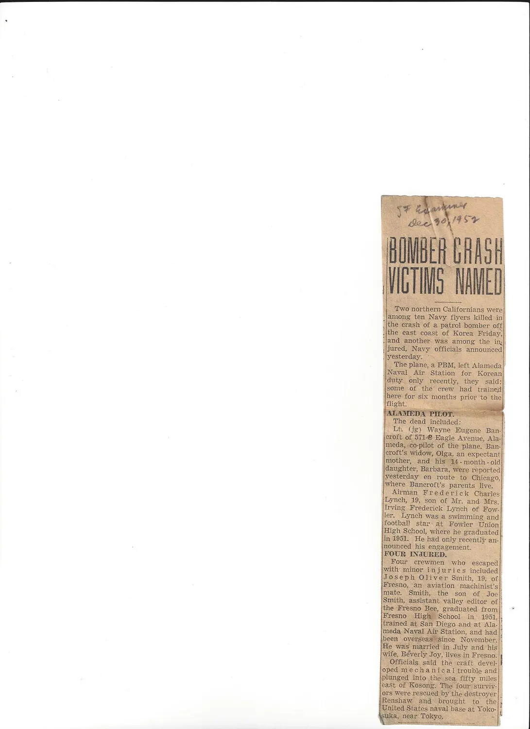 Newspaper Clipping: 'Bomber Crash Victims Named' — San Francisco Examiner, December 30, 1952, Lt. Wayne Eugene Bancroft