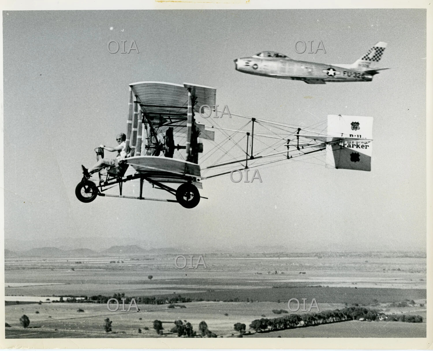Composite Photo: F-86 Sabre Jet and Novelty 'Flying Bicycle' Aircraft