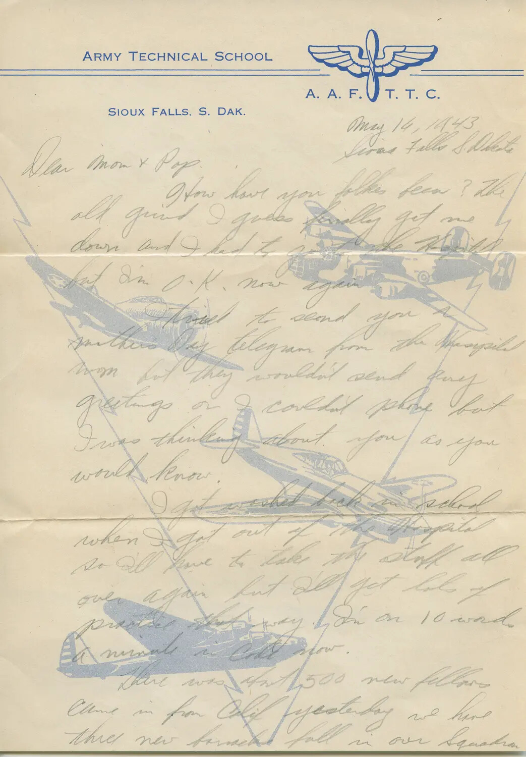 WWII Letter Home from Army Air Forces Technical Training Center, Sioux Falls, South Dakota, May 14, 1943