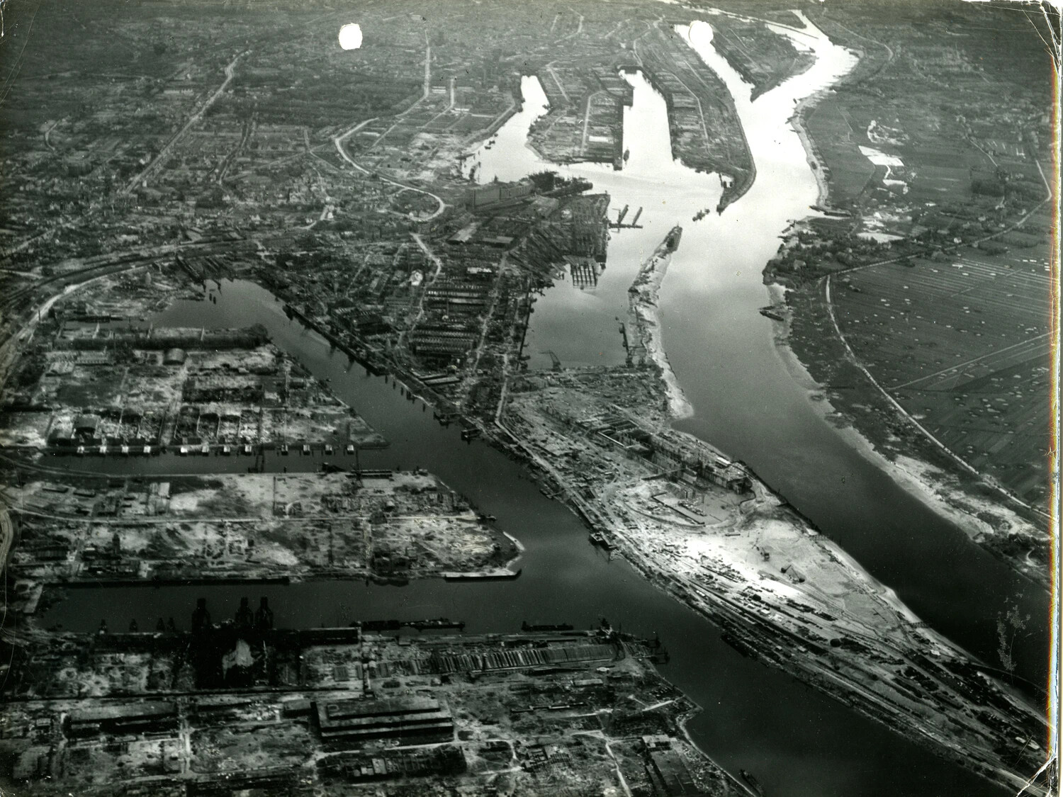 Aerial View of Bomb-Damaged Industrial Riverfront, Germany, World War II