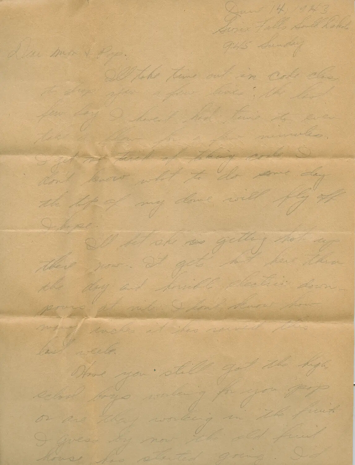 Handwritten Letter, Sioux Falls, South Dakota, June 14 1943 - WWII B-24 Belly Gunner (Margaroli) Collection