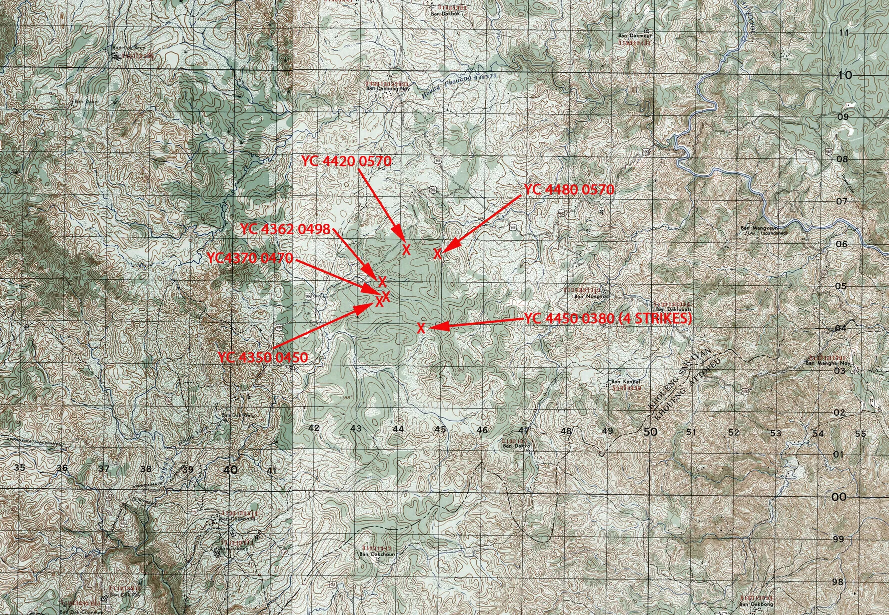 Tailwind Extraction Airstrikes — Annotated 1970 Topographic Map, Laos (Joe Parnar Collection)