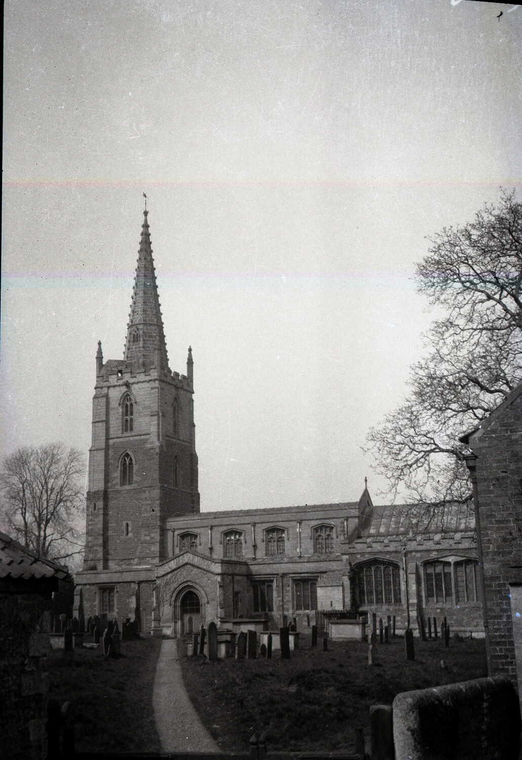 English Parish Church with Spire and Churchyard, WWI Era