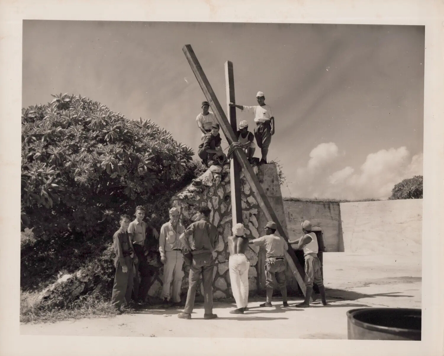 Servicemen Erecting Memorial Cross on Pacific Island, World War II