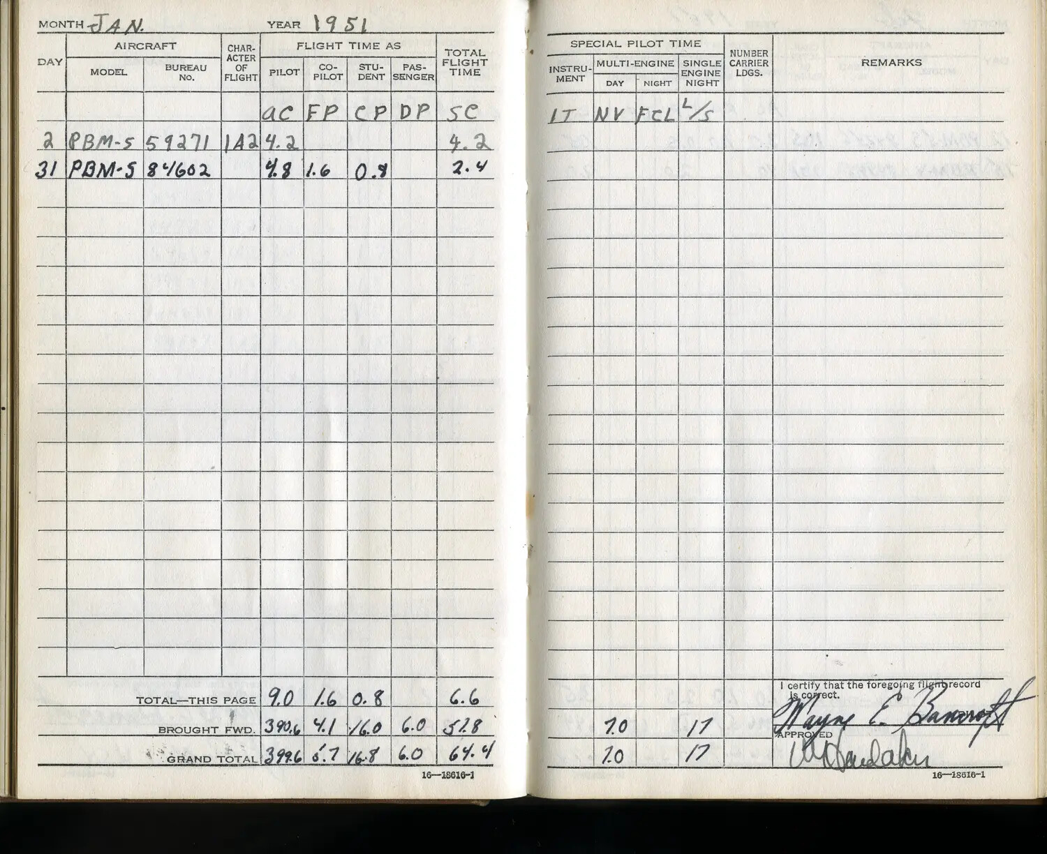 U.S. Navy Individual Flight Logbook of Lt. Wayne E. Bancroft - PBM-5 Mariner Entries, January 1951