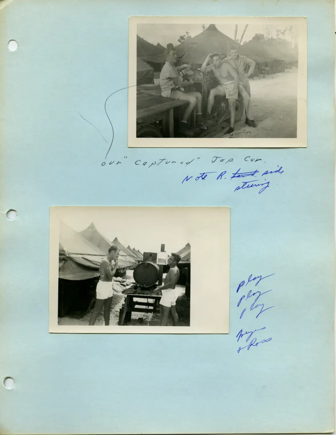 Album Page: Servicemen with Captured Japanese Vehicle and Camp Water Barrel, Pacific Theater, WWII