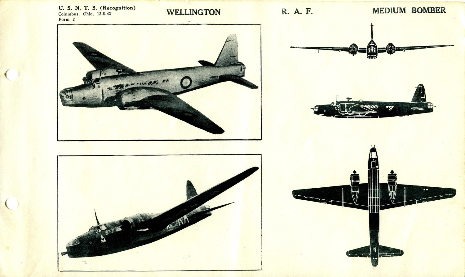 USNTS Aircraft Recognition Training Card: Vickers Wellington, R.A.F. Medium Bomber (Form 2, 12-8-42)