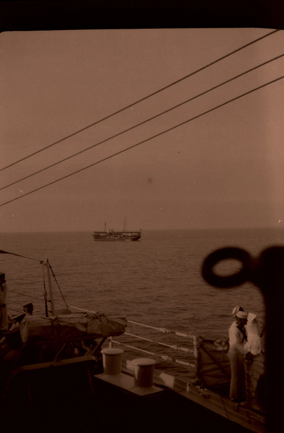 U.S. Navy Sailors on Deck with Distant Steamer, China Station, 1930s