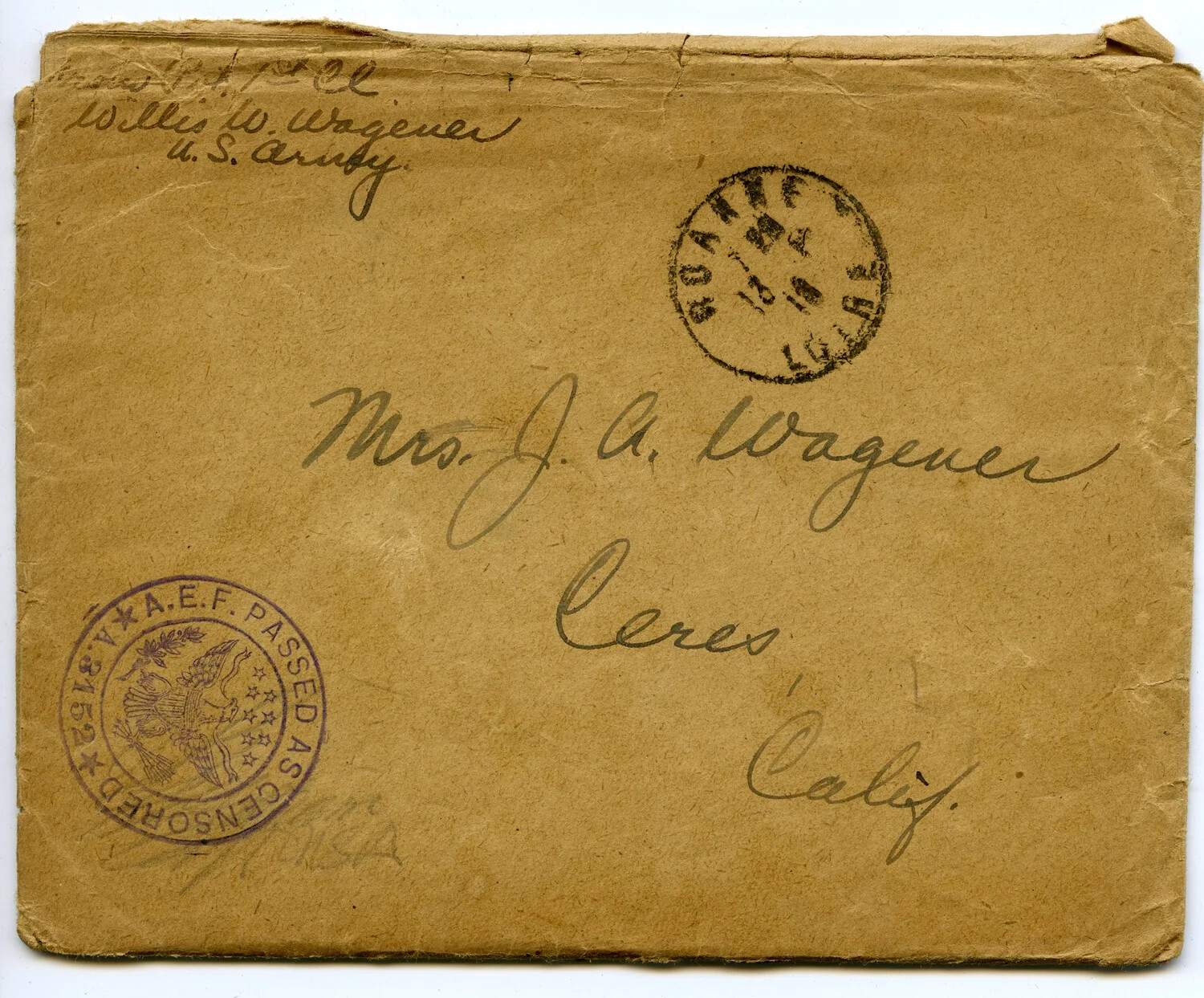 Censored WWI Envelope from Pvt. Willis W. Wagener, A.E.F.