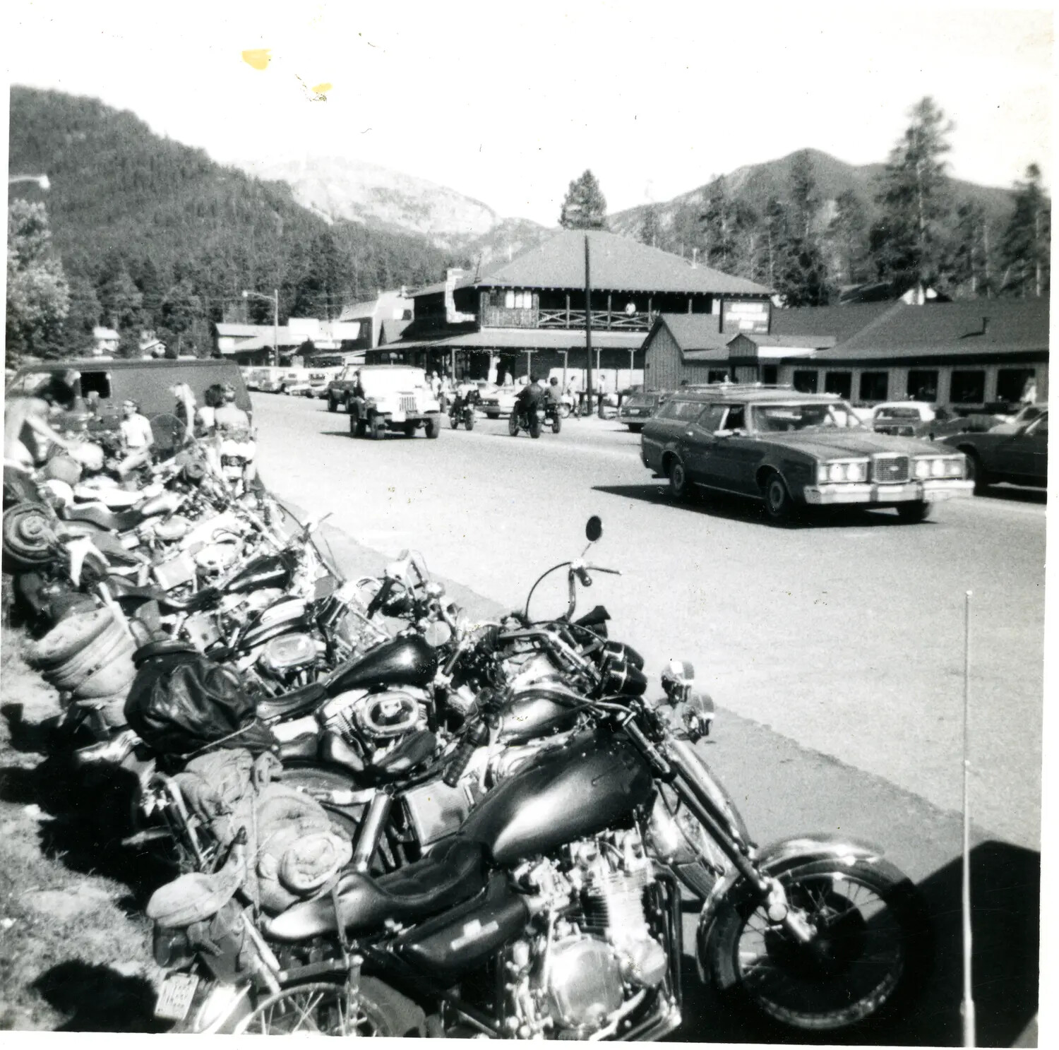 Motorcycle Gathering at Mountain Roadside Lodge (Likely Misfiled, Non-WWII Content)