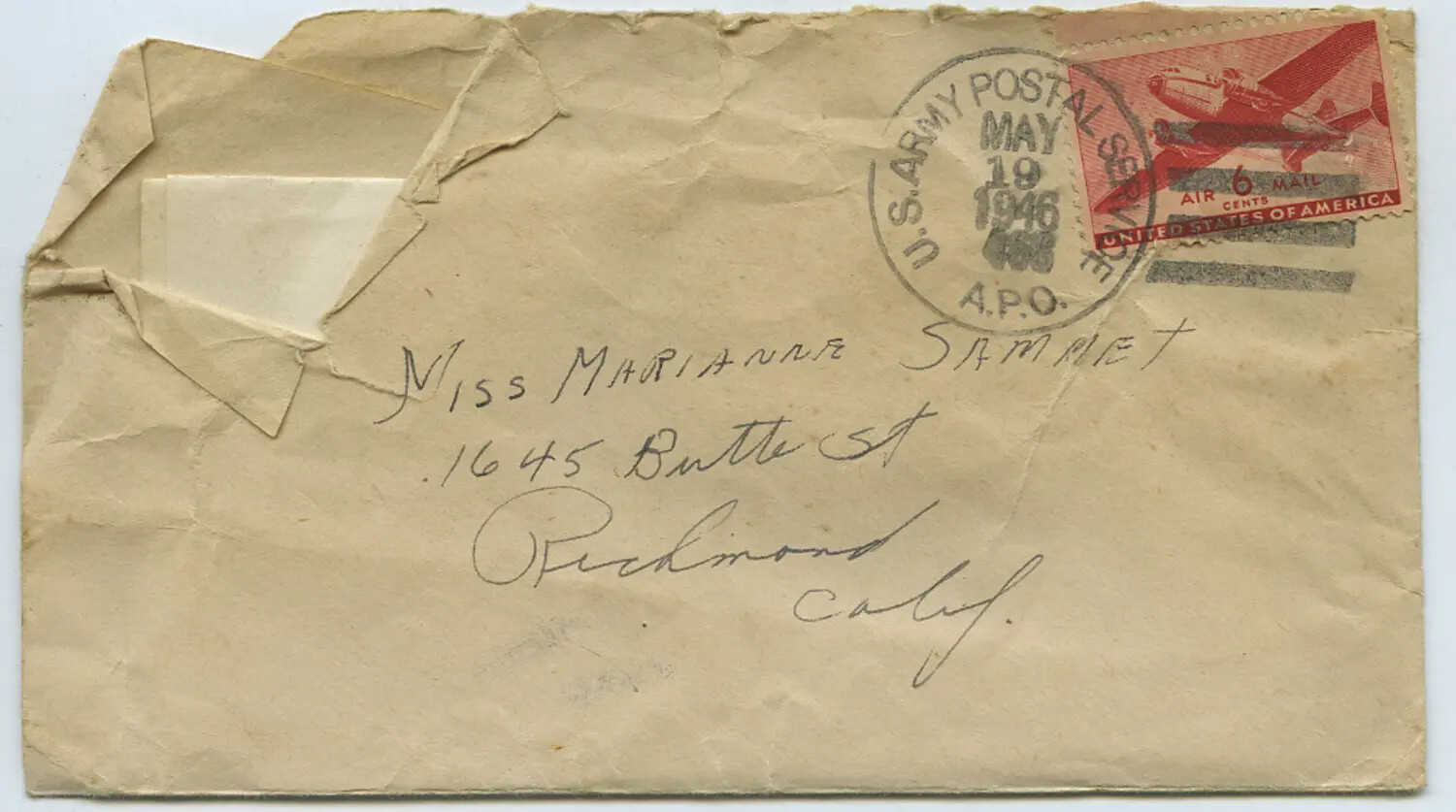 WWII-Era Envelope Addressed to Miss Marianne Sammet, Richmond, California, Postmarked May 1946