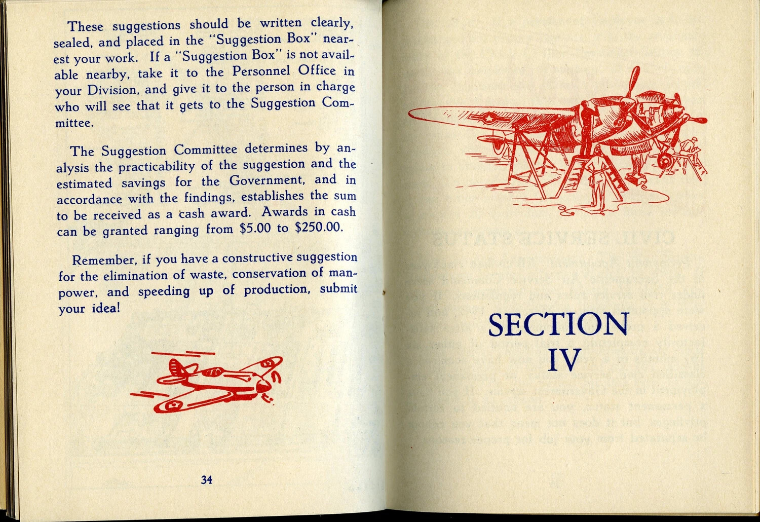 McClellan Field Personal Guide Booklet, Page 34/Section IV Divider -- Employee Suggestion Program and Aircraft Maintenance Illustration