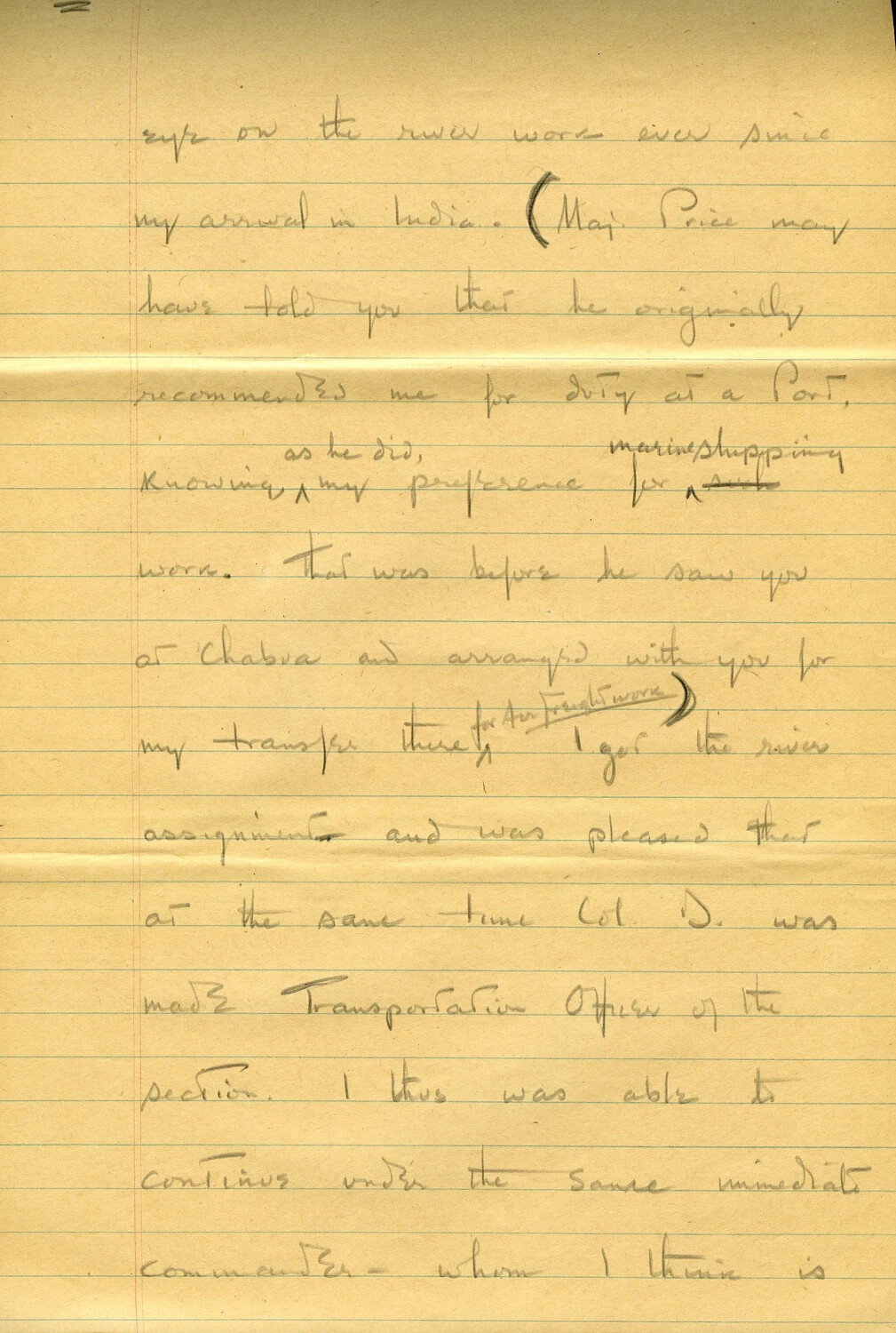 Handwritten Draft Letter, Page 4 – Career Narrative: Port Duty, Chabua Air Freight, and River Transportation Assignment