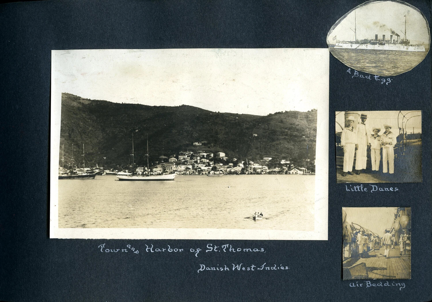 Album Page: Town and Harbor of St. Thomas, Danish West Indies, with Related Shipboard Snapshots