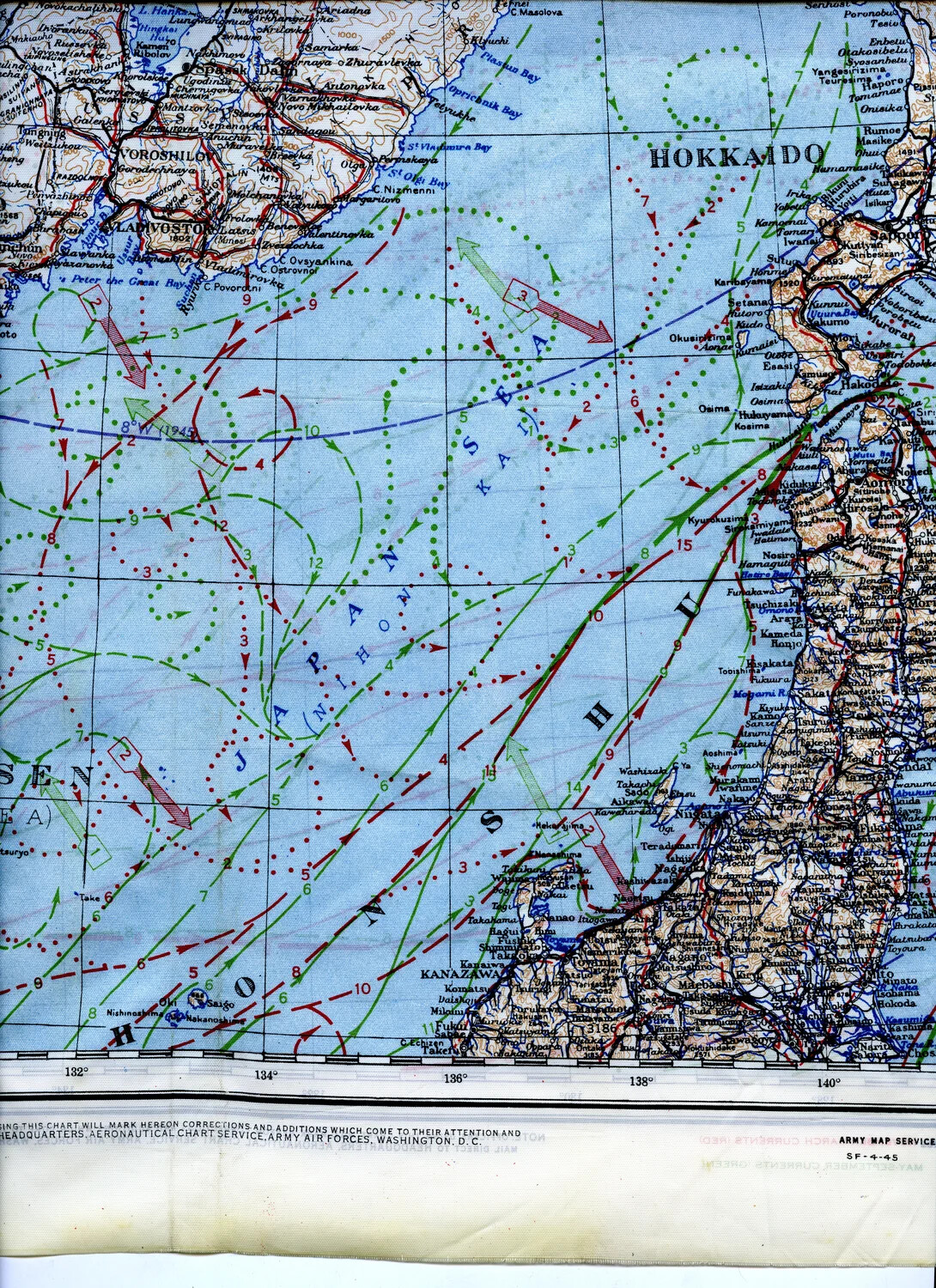 WWII Silk Escape Map, Sea of Japan/Hokkaido-Honshu Region with Ocean Current Overlay, 345th Bomber Group Collection