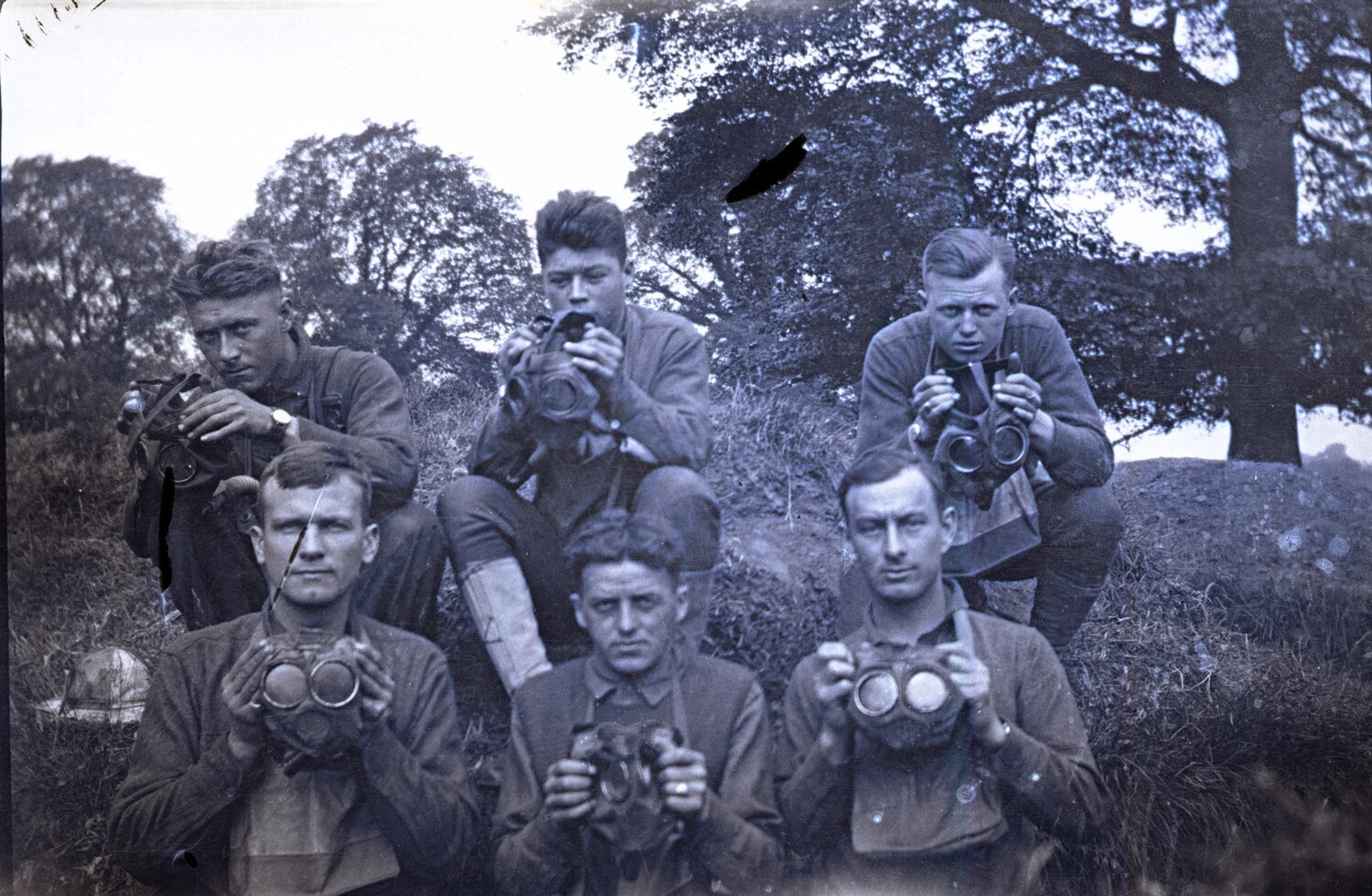American WWI Soldiers Displaying Small Box Respirator Gas Masks, Group Portrait
