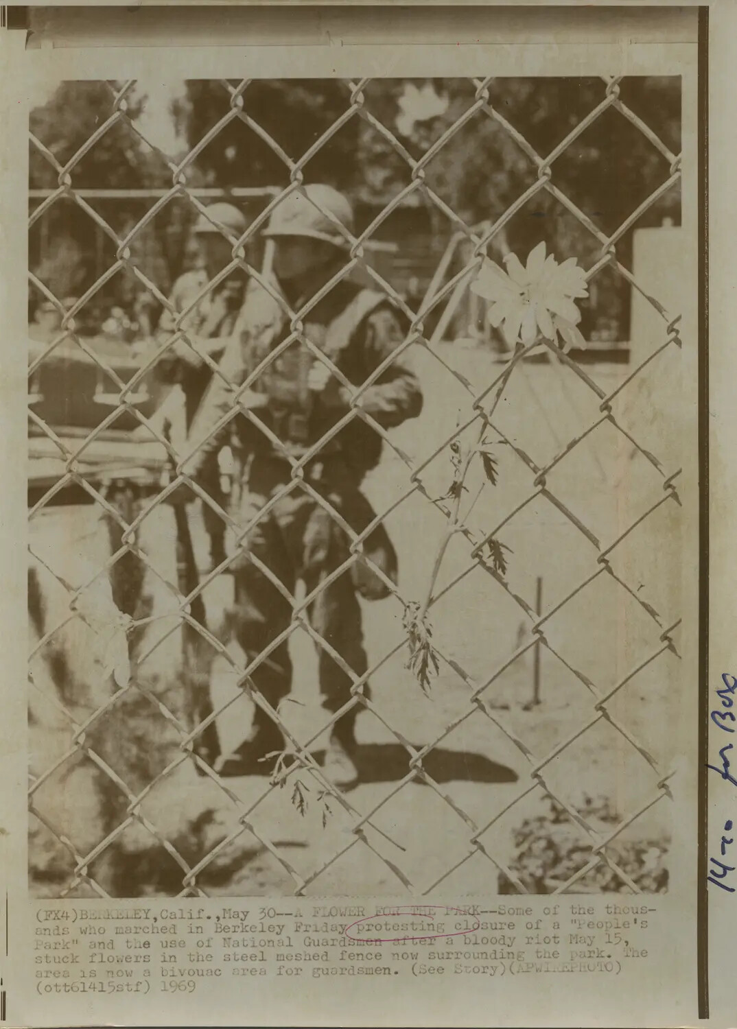 AP Wirephoto "A Flower for the Park": National Guardsmen Behind People's Park Fence, Berkeley, May 1969