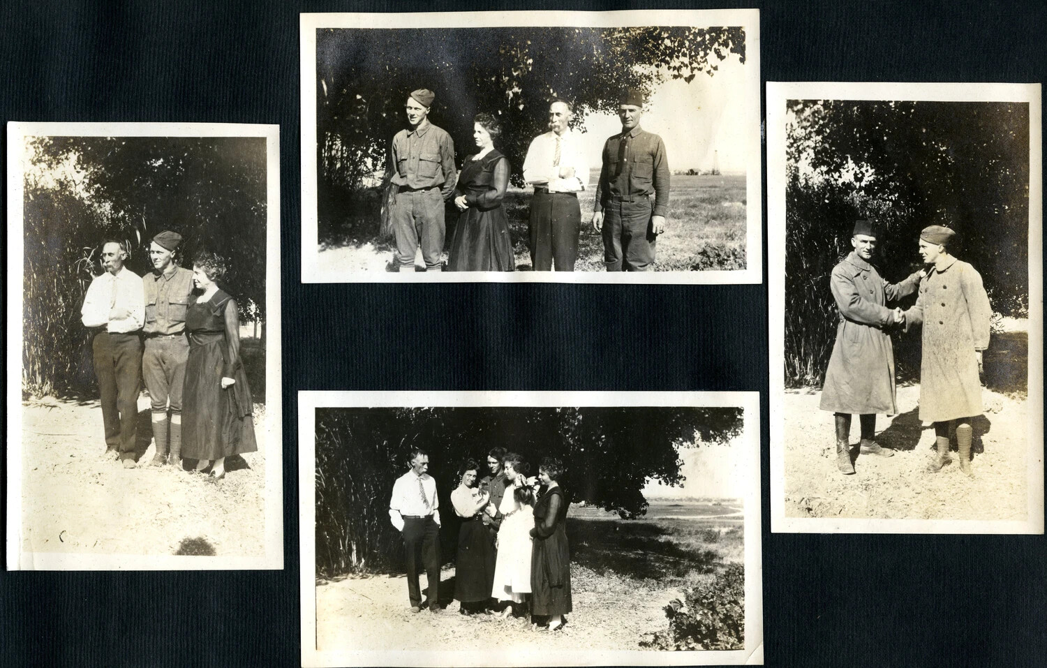 Album Page with Four Related Snapshots of a Family Gathering with Two Soldiers, WWI Era