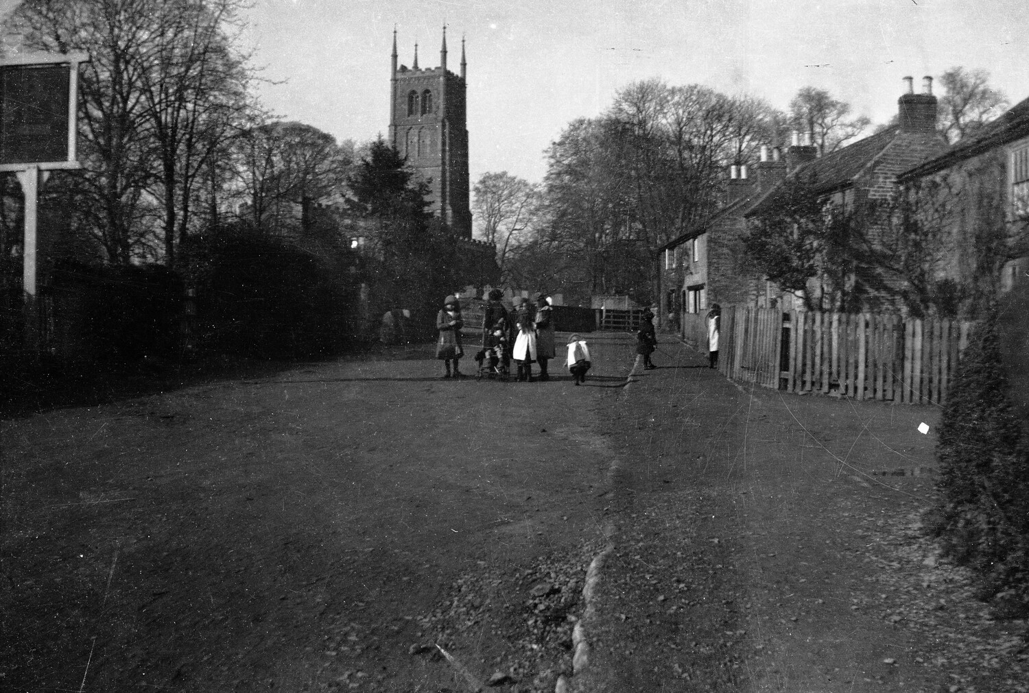 English Village Street Scene with Parish Church and Children, WWI-Era