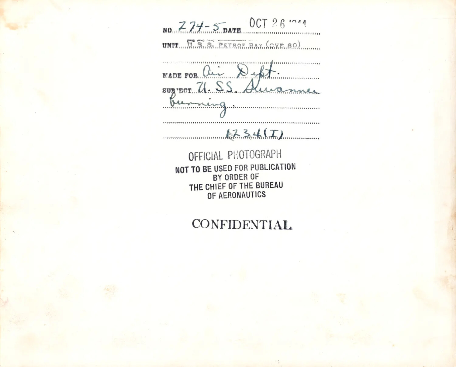 Caption Card, Official U.S. Navy Photograph No. Z74-5, USS Suwannee (CVE-27) Burning, 26 October 1944